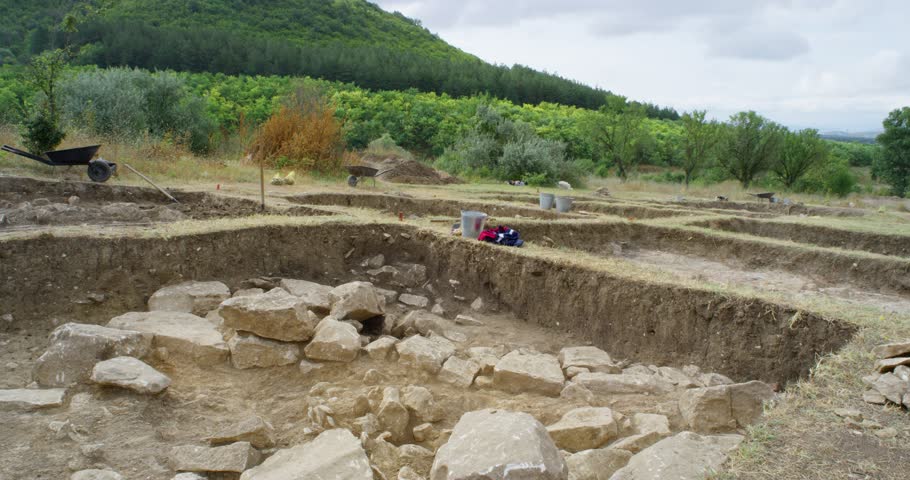 Panoramic view of excavations Chalcolithic archaeological site in Duran kulak Lake, northeast  Bulgaria