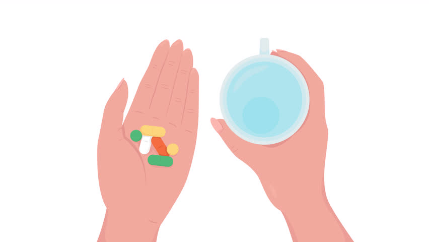 Animated giving pills and water. Helping take medicine. Flat first view hands on white background with alpha channel transparency. Colorful cartoon style 4K video footage of closeup arms for animation