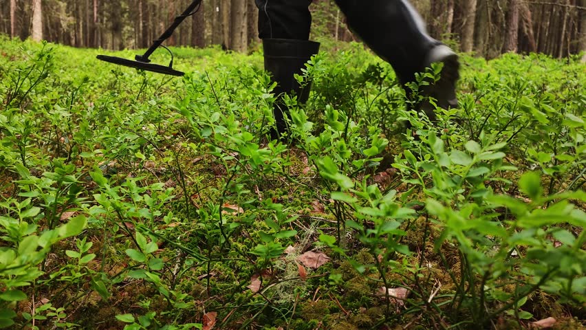 A man with metal detector walks with raincoat past. Slowly looking and finding a treasure. Treasure hunter. Man with metal detector is moving from side to side. Green forest. | Shutterstock HD Video #1099298407