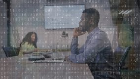 Animation of binary coding and data processing over diverse business people working in office. Global business, finance, computing and data processing concept digitally generated video. - Powered by Shutterstock - Get 15% off with code: PIKWIZARD15