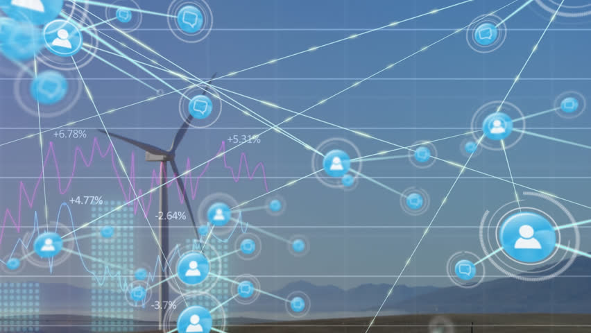 Animation of network of connections and data processing over wind turbine. Global business and digital interface concept digitally generated video. | Shutterstock HD Video #1099302069