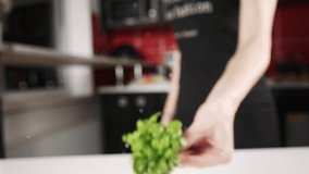 Woman holding fresh spinach leaves. Slow motion video of a person with organic greenery. Healthy eating concept