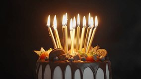 Birthday Cake with Burning Candles, chocolate glaze is Rotating on Stand on Table in House. Bright Dessert for Child's Birthday Party on Bokeh Light Bulbs black background . Family. Childhood - Powered by Shutterstock - Get 15% off with code: PIKWIZARD15