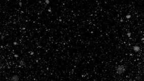 Falling large and small snowflakes on black background with slow motion. Holiday Christmas time