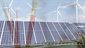 Animation of graph and numbers on alarm clock over solar panels and windmills against cloudy sky. Digital composite, multiple exposure, report, growth, time, renewable energy and technology concept. - Powered by Shutterstock - Get 15% off with code: PIKWIZARD15