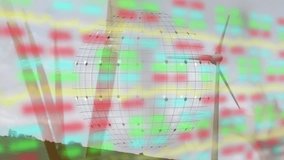 Animation of globe, graphs, trading board over alarm clock against rotating windmill on green land. Digital composite, multiple exposure, stock market, report, time, renewable energy, technology. - Powered by Shutterstock - Get 15% off with code: PIKWIZARD15