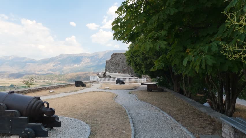 View from the Gjirokaster castle in Albania. Overlooking the city of Gjirokaster and the Gjerë mountains in the distance.