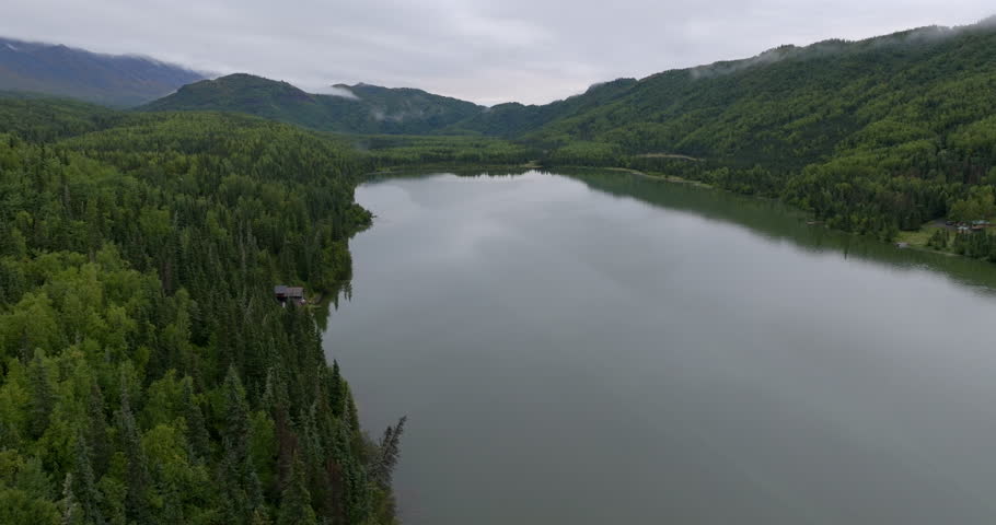 Aerial Panning Shot Of Green Trees In Forest Of Denali Preserve, Drone Flying Over River Under Clouds