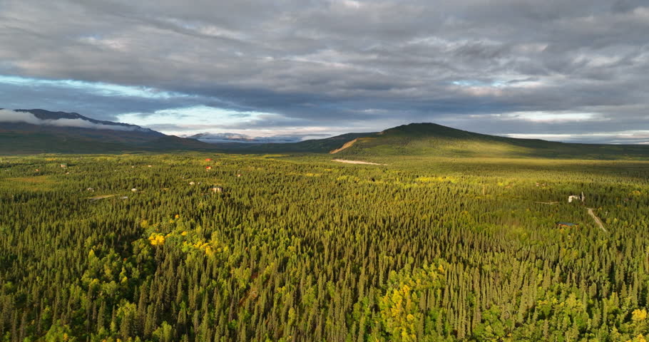 Aerial Forward Scenic Shot Of Denali National Park And Preserve Under Cloudy Sky