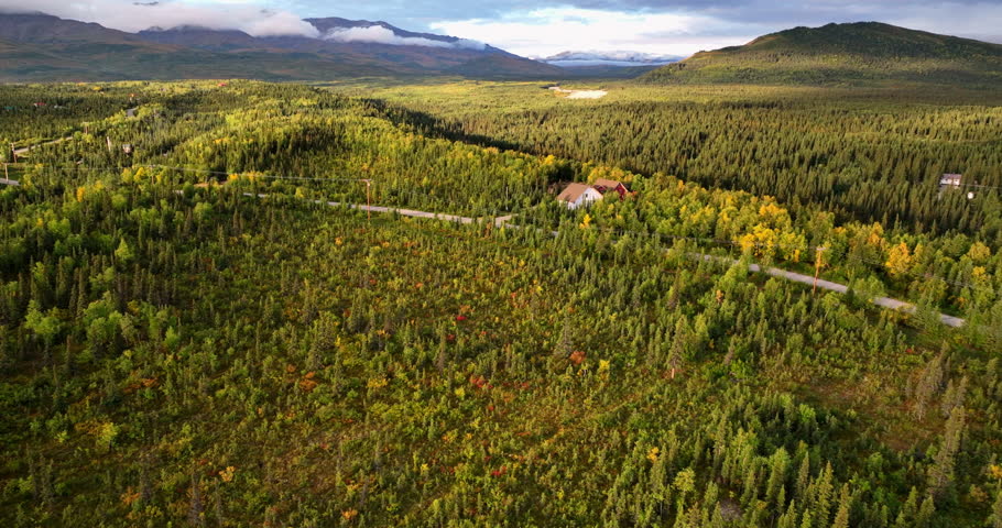 Aerial Green Land Of Tranquil National Park, Drone Flying Backwards Under Clouds - Denali, Alaska