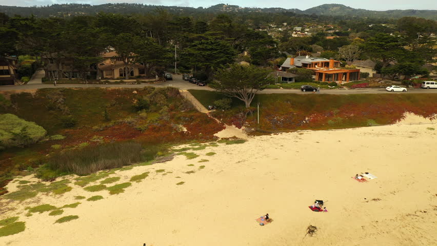 Aerial Scenic Shot Of Houses On Landscape By Beach, Drone Flying Backwards Over Sea Coastline - San Francisco, California