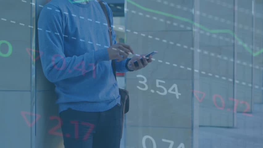 Animation of data processing over biracial businessman using smartphone. Global business, finance, computing and data processing concept digitally generated video.