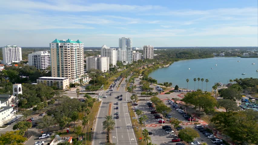 Aerial video condominiums on Gulfstream Avenue Sarasota Florida USA