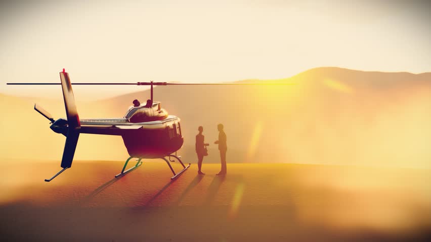 Silhouette businessman dealing project outside helicopter get ready for flying ,shape of man and woman standing with desert background,3D Animation. | Shutterstock HD Video #1099316769