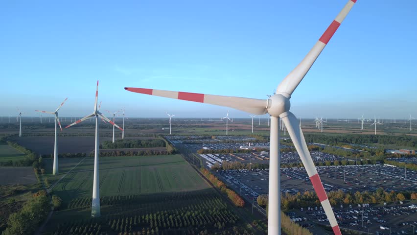 close up wind turbine next to huge factory. Buttery soft aerial view flight fly reverse drone
of a Wind farm wheel Field at Brandenburg Germany at summer day 2022. High Quality 4k Cinematic footage