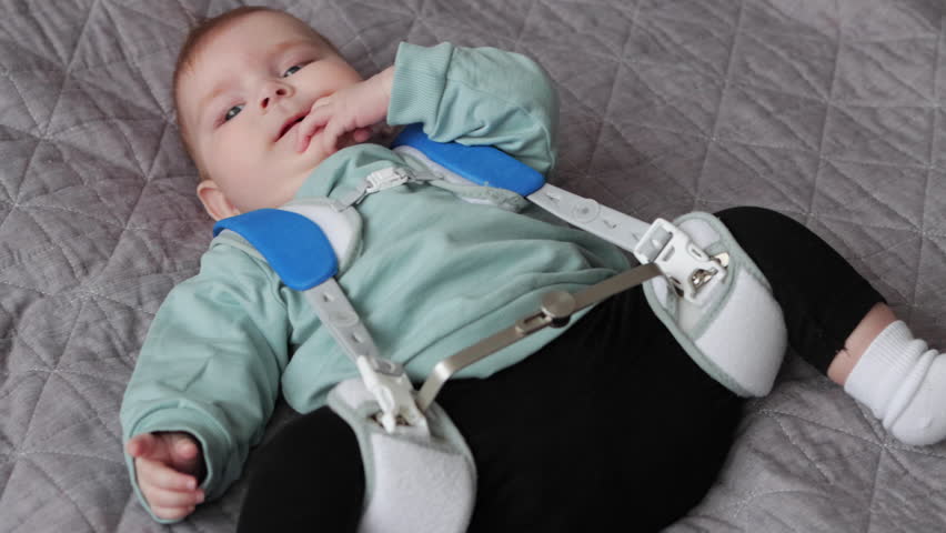 Close up of baby girl in Pavlik Harness to correct Hip Dysplasia on blanket Royalty-Free Stock Footage #1099320055