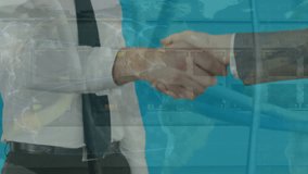 Animation of dots on globe, back panel of router, midsection of caucasian businessman shaking hands. Digital composite, multiple exposure, globalization, teamwork and technology concept. - Powered by Shutterstock - Get 15% off with code: PIKWIZARD15