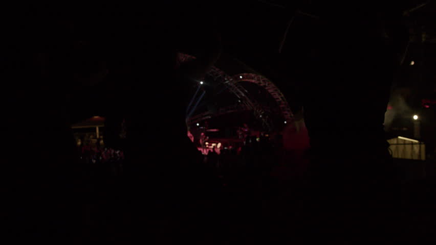 Bright platform at a night party. In the foreground, a group of teenagers are dancing. Silhouettes. A night concert of a musical group.