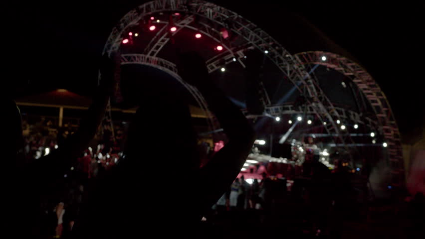In the foreground, a group of teenagers are dancing. Silhouettes. A night concert of a musical group. Bright street stage for a concert.