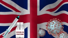 covid 19 vaccine on waving blur United Kingdom flag animation. concept for vaccination in national level, vaccine discovery and health care.