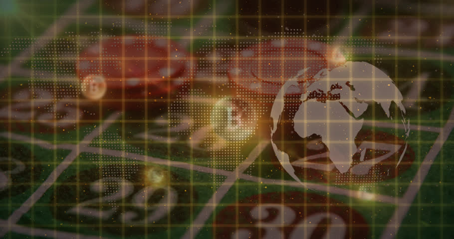 Animation of bitcoins and globe over casino. Global business and digital interface concept digitally generated video.