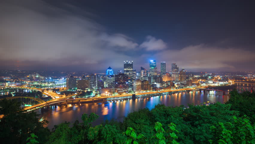 Pittsburgh, Pennsylvania, USA downtown skyline from night till dawn.
