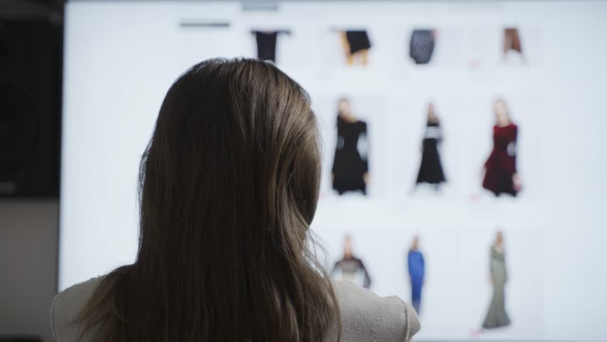 Back view of young woman surfing on clothing websites. Attractive girl making shopping online, choosing clothes, looking for discount in front of full screen computer at home. High quality 4k footage | Shutterstock HD Video #1099322555
