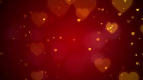 Loop video, Gold Hearts motion and bokeh for Valentine's day Greeting love video. 4K Romantic looped animation on dark red background for Valentine's day.