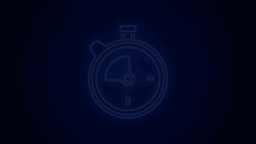 Glowing neon line Stopwatch icon isolated on black background. Time timer sign. Chronometer sign. 4K Video motion graphic animation.