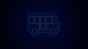 Glowing neon line School Bus icon isolated on black background. Public transportation symbol. 4K Video motion graphic animation.