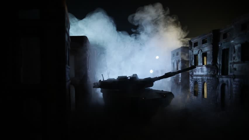 War Concept. Military silhouettes fighting scene on war fog sky background, World War Soldiers Silhouette Below Cloudy Skyline At night. Battle in ruined city. Selective focus