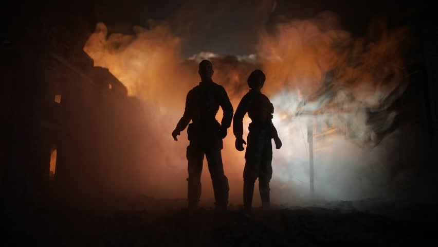 Nuclear war apocalypse and love until death concept. Romantic couple during atomic war. Creative artwork decoration in dark. Selective focus