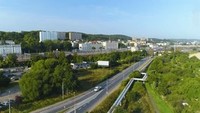  Aerial View of trains and railroad tracks in Gdynia, summer beautifull footage