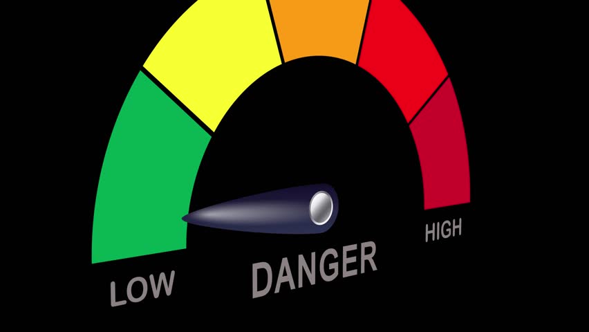 3D Danger Gauge High Indicator on Dark Background. Animation of Colorful Speedometer Icon with arrow in the red zone Color. Dangerous and Risky. Three dimensional camera View high quality video Royalty-Free Stock Footage #1099329379