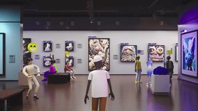 Exhibition of NFT pictures in meta universe. 3D avatars with emotions icons walk in futuristic immersive virtual museum. Technologies of future. Concept of metaverse, cyberspace and digital world.