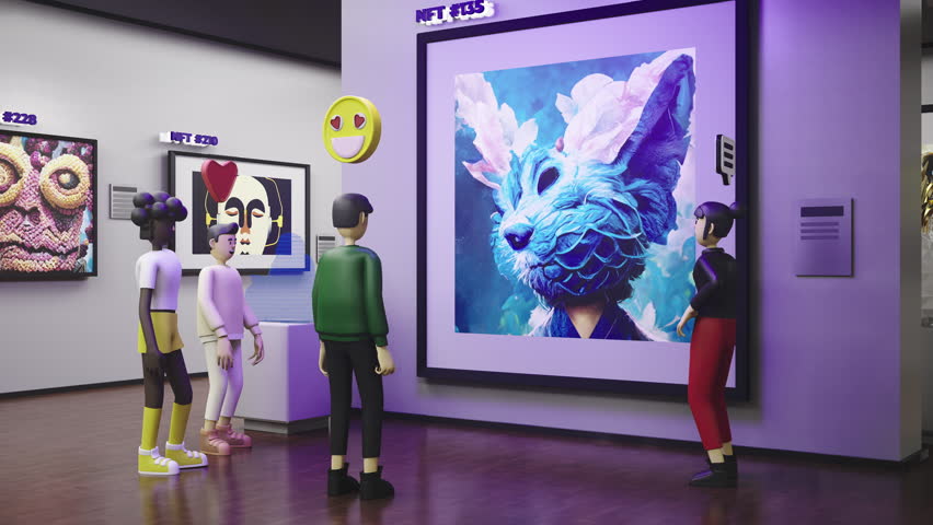 3D avatars with emotions icons walk in futuristic immersive virtual museum. Exhibition of NFT pictures in meta universe. Technologies of future. Concept of metav erse, cyberspace and digital world. Royalty-Free Stock Footage #1099330067