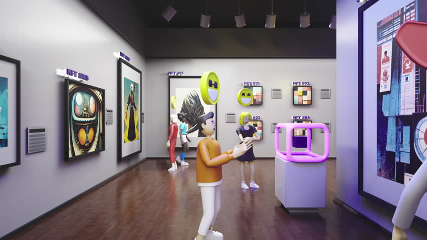 3D avatars with emotions icons looking at the NFT pictures in meta universe. Futuristic immersive virtual museum gallery. Technologies of future. Concept of metaverse, cyberspace and digital world. | Shutterstock HD Video #1099330085