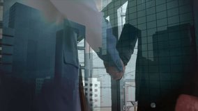 Animation of cityscape over diverse business people working at office. Global business, finances and digital interface concept digitally generated video.