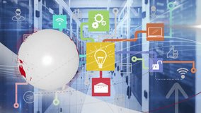Animation of globe and network of connections with icons over server room. Global technology, connections and digital interface concept digitally generated video. - Powered by Shutterstock - Get 15% off with code: PIKWIZARD15