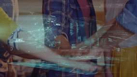 Animation of financial data processing over diverse business people teaming up. Global business, finances and digital interface concept digitally generated video. - Powered by Shutterstock - Get 15% off with code: PIKWIZARD15