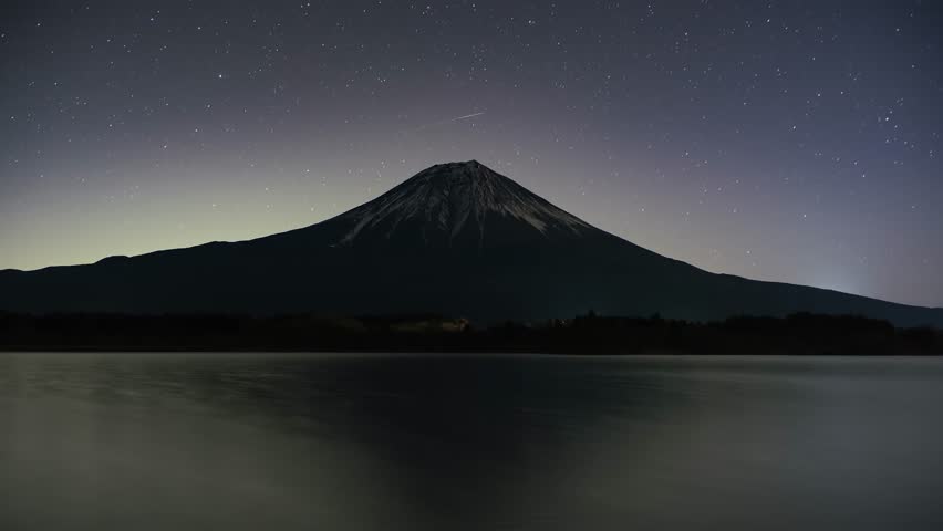 Mt. Fuji above lake Tanuki with starry night time lapse, Dec.31 2022