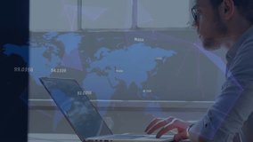 Animation of data processing and world map over caucasian businessman in office. Global business and digital nterface concept, digitally generated video. - Powered by Shutterstock - Get 15% off with code: PIKWIZARD15