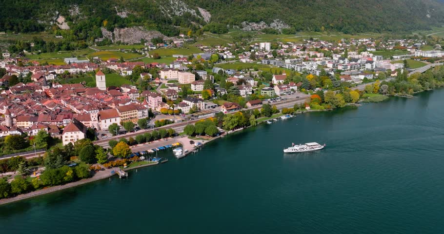 Aerial view of the town of La Neuveville on the shores of Lake Biel, Switzerland | Shutterstock HD Video #1099334475