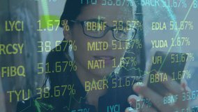 Animation of financial data processing over caucasian woman using smartphone. Global business, finance, computing and data processing concept digitally generated video. - Powered by Shutterstock - Get 15% off with code: PIKWIZARD15