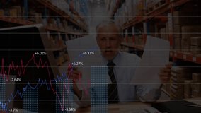Animation of financial data processing over caucasian man working in warehouse. Global shipping, business, finance, computing and data processing concept digitally generated video. - Powered by Shutterstock - Get 15% off with code: PIKWIZARD15