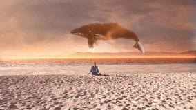 In this video, we see a woman sitting on a sandy beach with an amazing view of the sea at sunset. huge whale in the sky, it's looks like a magic concept. 