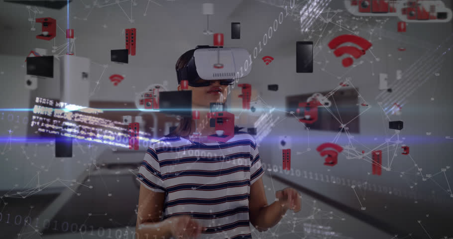 Animation of financial data processing over girl using vr headset. Global technology, computing and data processing concept digitally generated video. | Shutterstock HD Video #1099337487