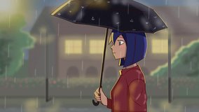 Lofi seamless looping animation. Anime girl holding an umbrella on a rainy day. Lofi aesthetics, suitable for music videos. 