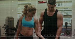 Animation of financial data processing over caucasian man and woman exercising in gym. Global sports, business, finance, computing and data processing concept digitally generated video.