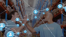 Animation of connected icons on diverse coworkers checking packets and giving high five in warehouse. Digital composite, multiple exposure, communication, teamwork and distribution concept. - Powered by Shutterstock - Get 15% off with code: PIKWIZARD15